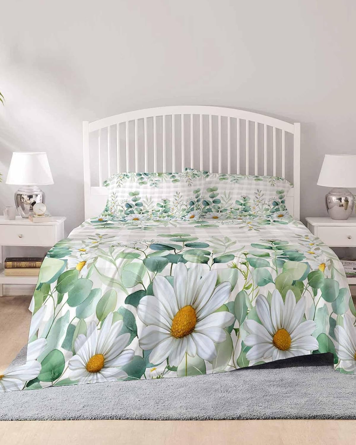 Green Eucalyptus Leaves Cal King Sheet Set 4 Piece Bedding - Daisy Summer Botanical Watercolor Plaid Breathable Comfy Cooling Bed Sheets & Pillowcase Sets, Hotel Flat Sheets Deep Pockets Fitted Sheet