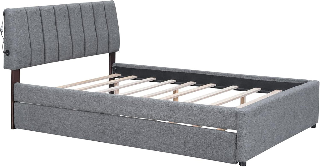 Teddy Fleece Full Size Upholstered Platform Bed Frame for Boys Girls Kids Adults Toddler with Trundle, Gray