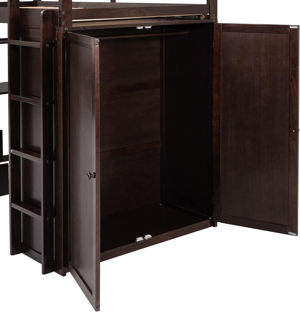 Twin Size Loft Bed with Drawers and Desk, Wardrobe, Ladder for Kids, Adults, Girls, Bedroom, Easy Assembly, No Box Spring Needed, Space-Saving, Espresso