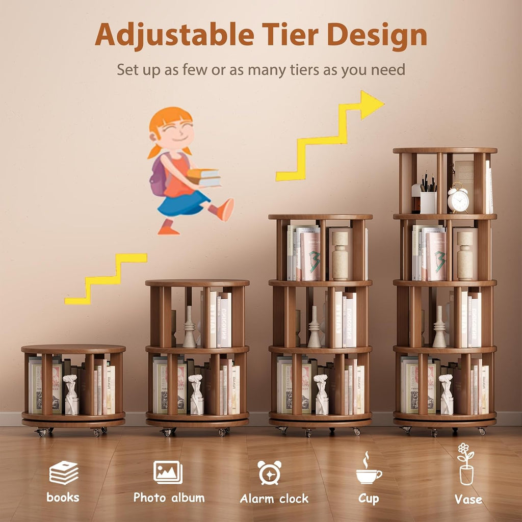 Muwuele Solid Wood Rotating Bookshelf on Wheels, 4 Tier, Round Revolving Bookcase, 360° Spinning Book Shelf Tower for Kids, Narrow Rolling Bookshelves for Small Space, Corner, Bedroom, Office, Walnut