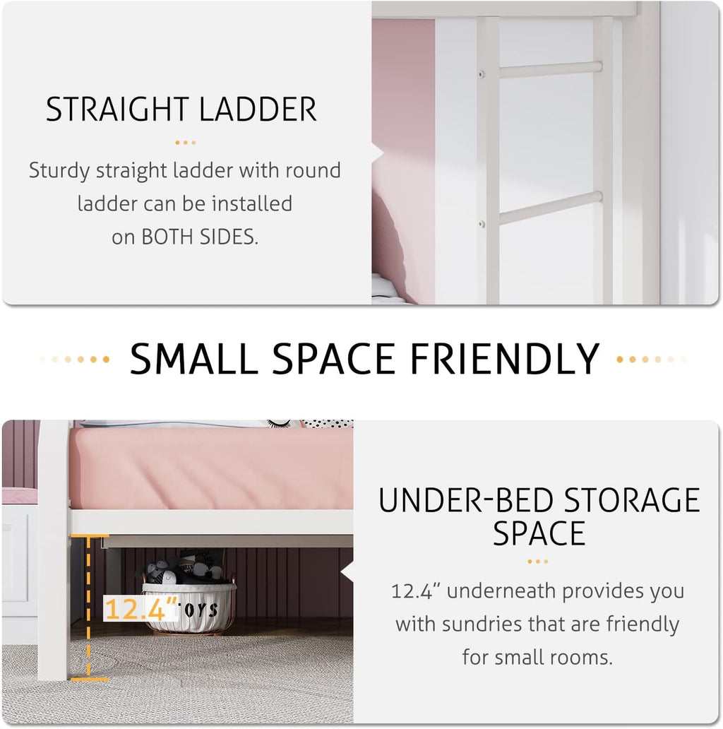 SHA CERLIN Loft Bunk Bed Twin Over Full Size with Ladder and Guardrail,Heavy Duty Metal Slats Support No Box Spring Needed Small Space Saving Furniture for Bedroom Dorm,White