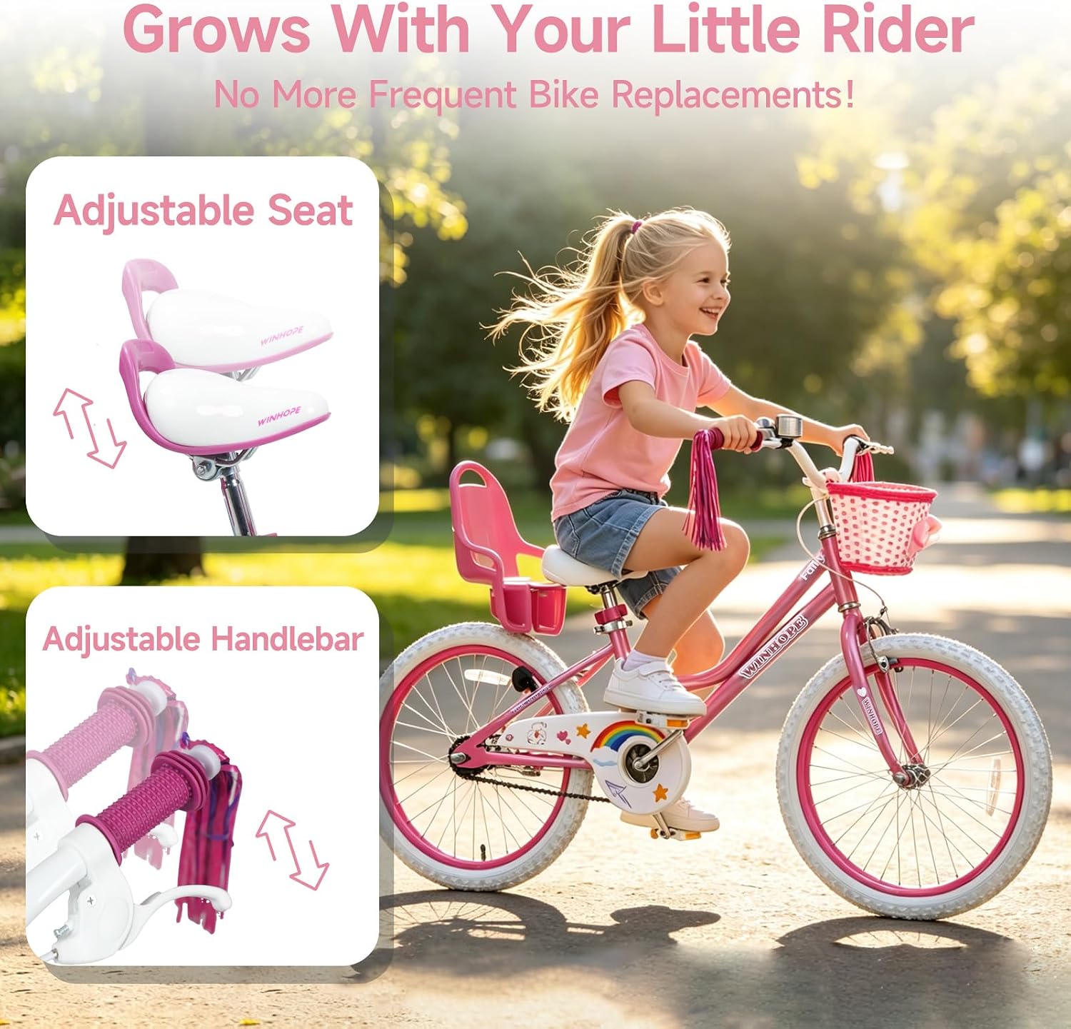 WinHope Girls Bike with Doll Seat, 12 14 16 18 20 Inch Kids Bike for 2-12 | Dual Brake with Training Wheels / Kickstand & Streamers Birthday Gift for Toddler Outdoor Riding, Multiple Colors