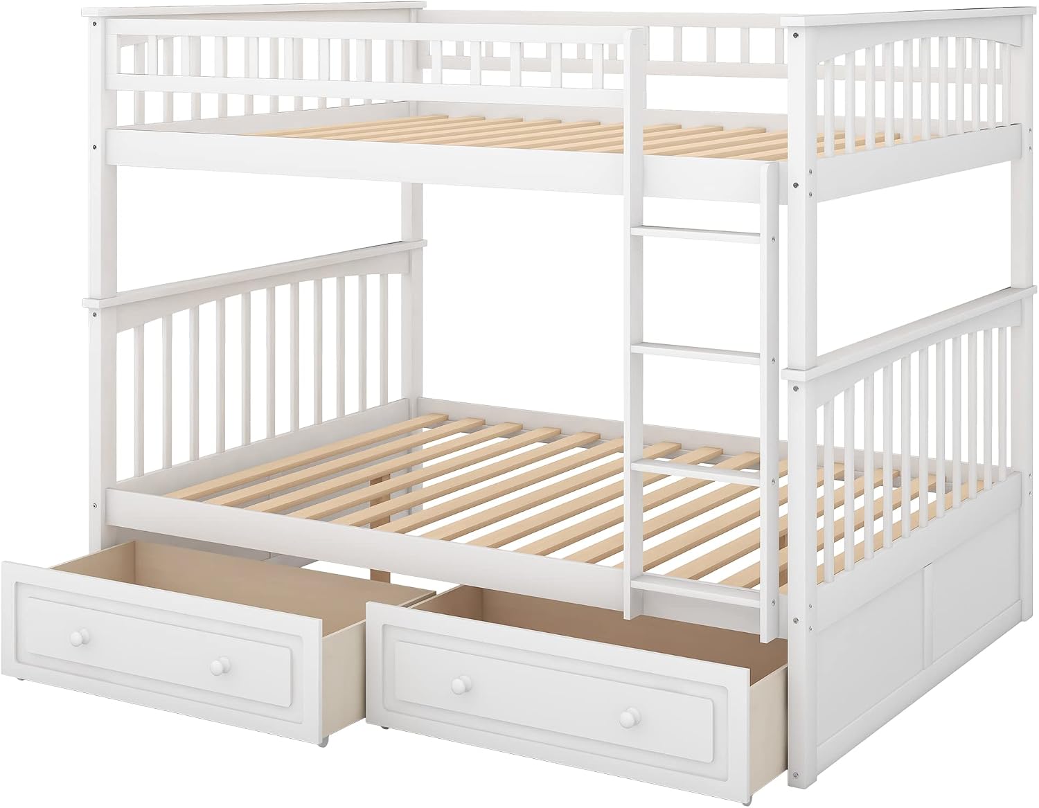 Full Over Full Wood Bunk Bed with Two Storage Drawers, Solid Wood Convertible Storage Bunk Bed Can Be Convertible to 2 Beds, Frame with Ladder, Safety Rail for Teens Adults (Gray)