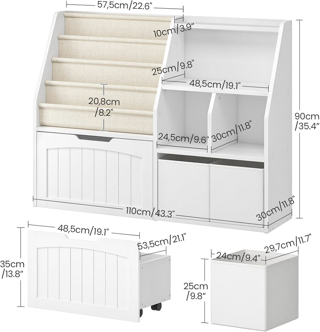 CHOEZON Kids Bookshelf, Children's Bookcase with 4 Sling Book Shelves, Toy Storage Cubby, Fabric Storage Baskets, Wooden Book Shelf for Kids' Room, Playroom, Nursery, Living Rooms, White MCW17WB