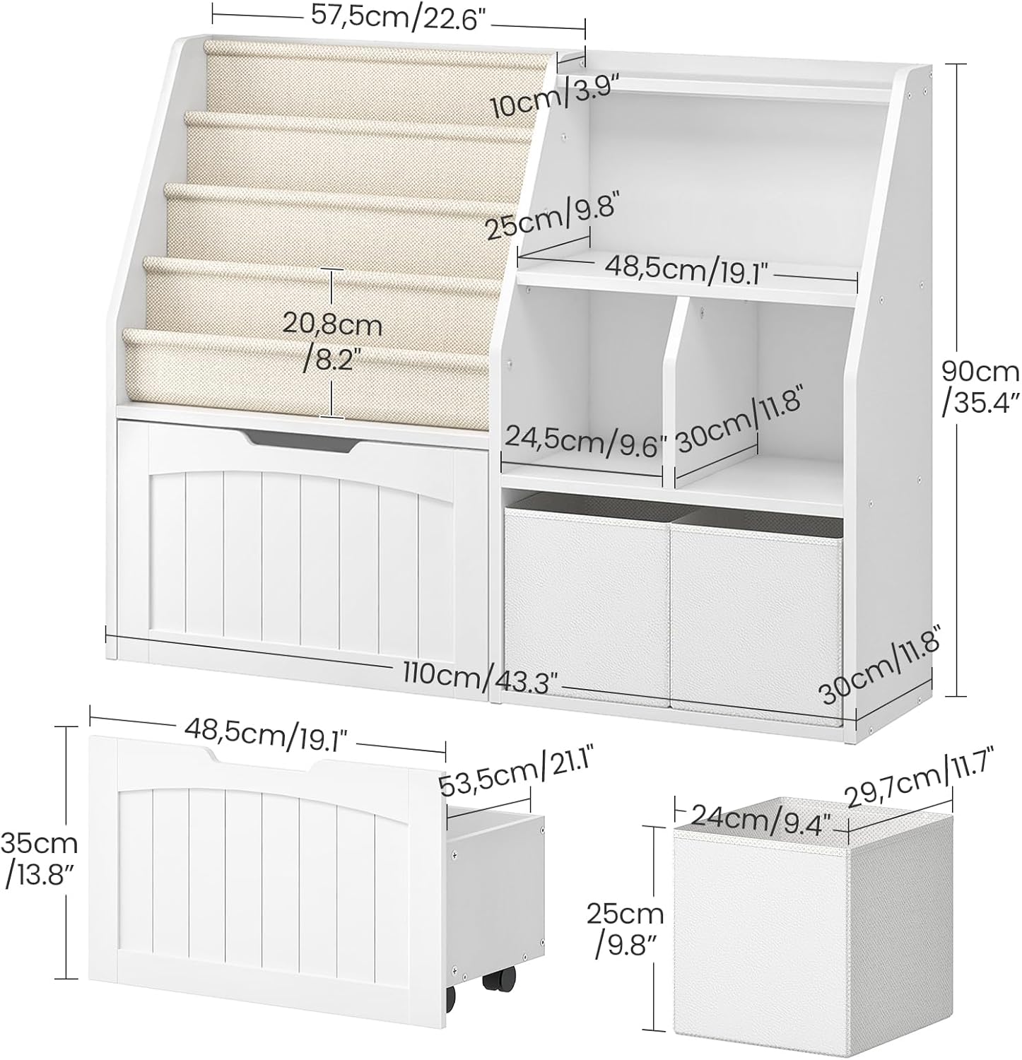 CHOEZON Kids Bookshelf, Children's Bookcase with 4 Sling Book Shelves, Toy Storage Cubby, Fabric Storage Baskets, Wooden Book Shelf for Kids' Room, Playroom, Nursery, Living Rooms, White MCW17WB