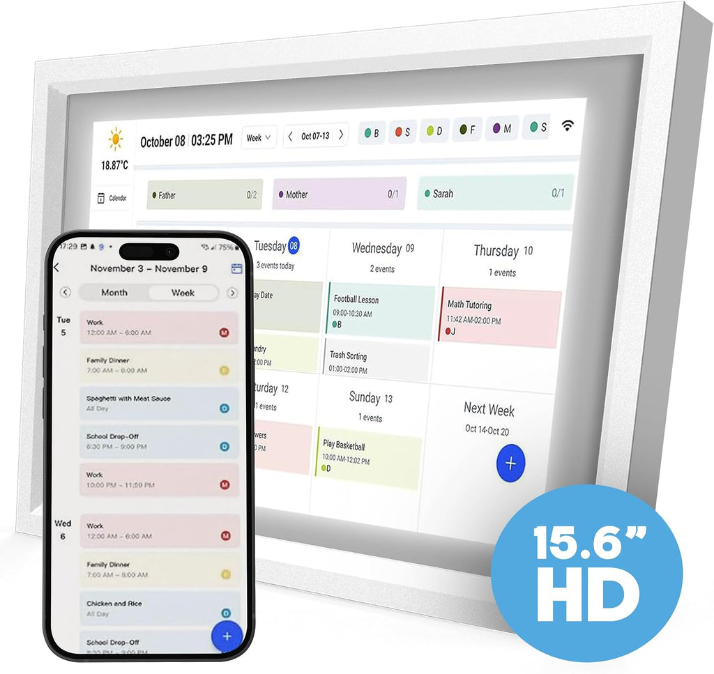 15.6 Inch Digital Calendar with Wall Mount Option, HD Touchscreen Planner, Wi-Fi sync, Color Coded Scheduling, Meal Planning, Chore Chart for Family and Home Organization