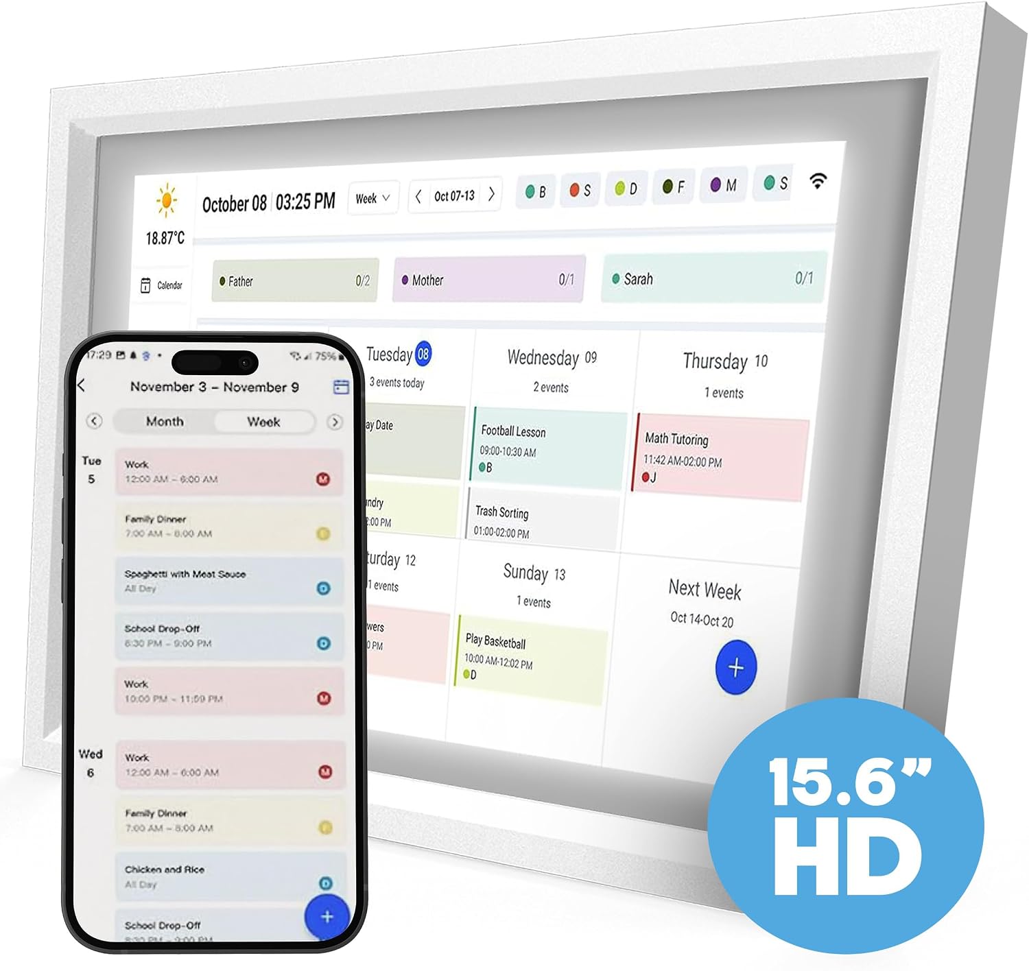 15.6 Inch Digital Calendar with Wall Mount Option, HD Touchscreen Planner, Wi-Fi sync, Color Coded Scheduling, Meal Planning, Chore Chart for Family and Home Organization