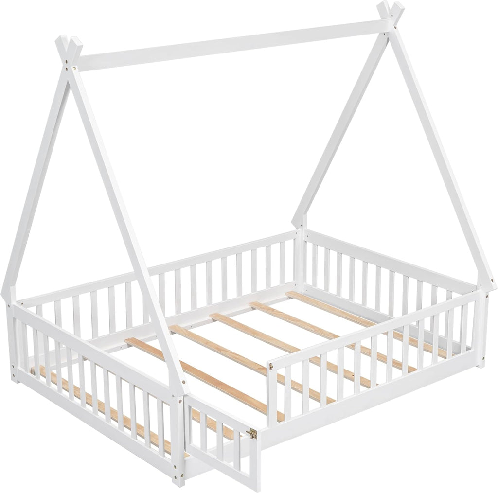 Bellemave Full Size Tent Floor Bed for Kids,Montessori Floor Bed with Door and Guardrails,Wood Floor Bed with Slats,Teepee Bed for Girls Boys(Full,White)