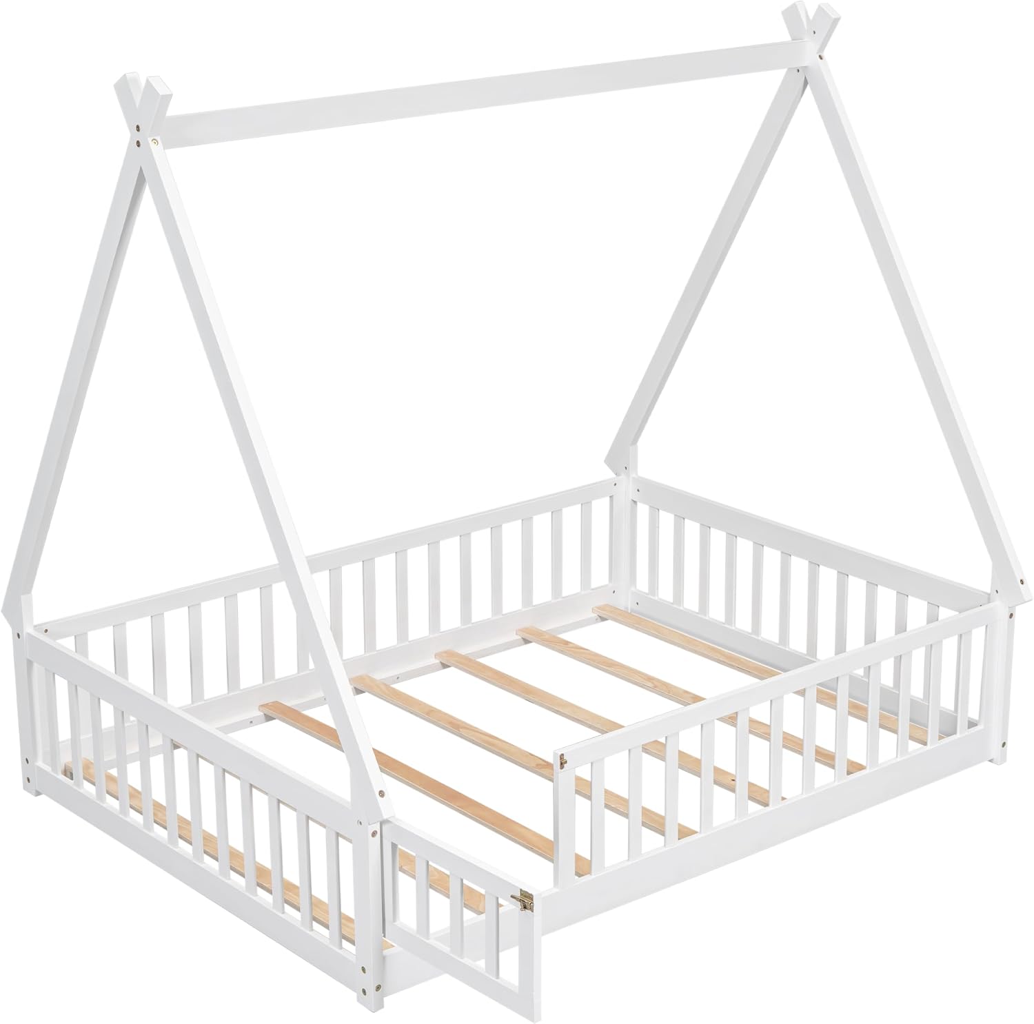 Bellemave Full Size Tent Floor Bed for Kids,Montessori Floor Bed with Door and Guardrails,Wood Floor Bed with Slats,Teepee Bed for Girls Boys(Full,White)