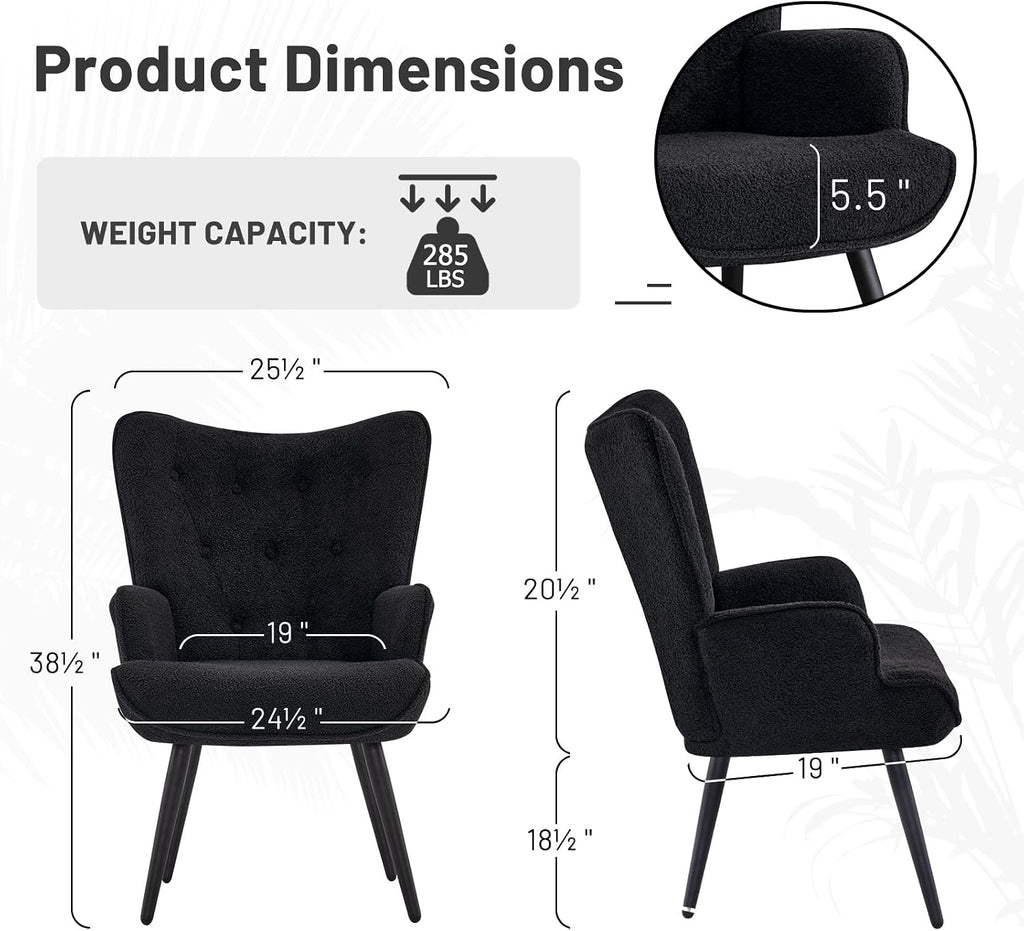 Furniliving Boucle Accent Chair for Living Room, Upholstered Reading Chair with High Backrest, Tufted-Button Wingback Armchair for Bedroom, Dressing Room, Home Office, Black, Set of 2