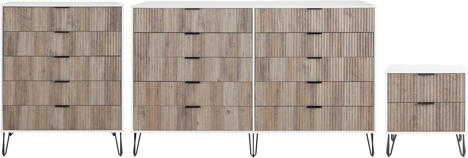 Manhattan Comfort Dumbo 3-Piece Modern Dresser Drawer and Nightstand Set, Tall and Double - Vertical Ribbed Design - No Tool Assembly Storage for Bedroom & Living Room, White/Grey