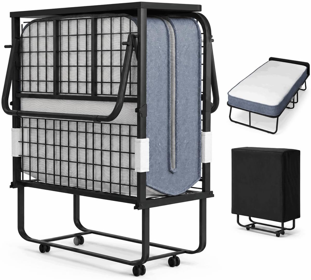 PUREMIND Folding Bed with 5' Mattress for Adults, Twin Size Rollaway Bed with Foam Mattress, Portable Foldable Guest Beds - Sturdy Metal Frame & Dustproof Bag, Hideaway, 75' x 31'