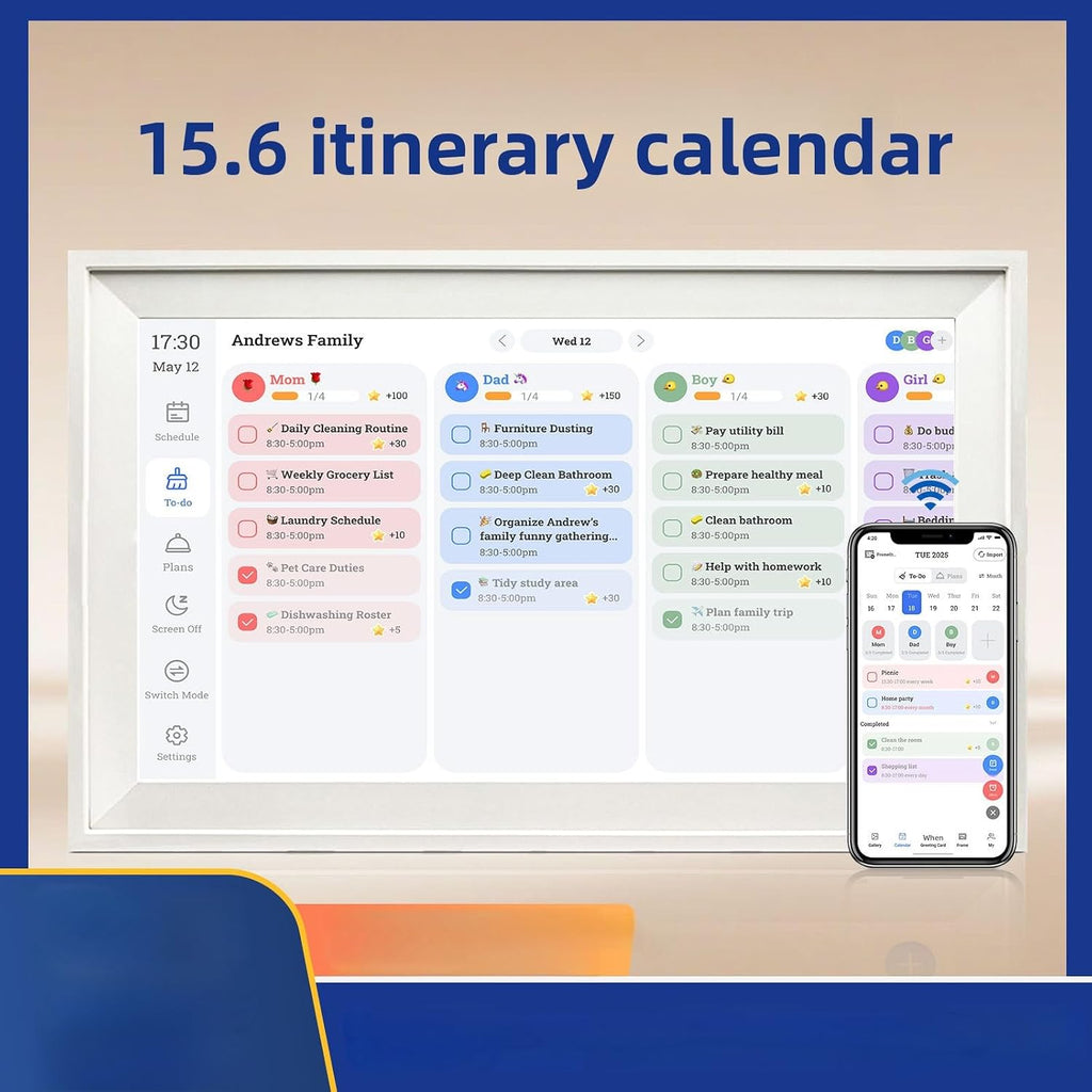 15.6 Inch Smart Digital Calendar & Chore Chart – 1080P Full HD Touchscreen Interactive Display, Family Planner for Schedules, Meal & Duty Tracking, Desk/Wall Mount with Photo Frame Function