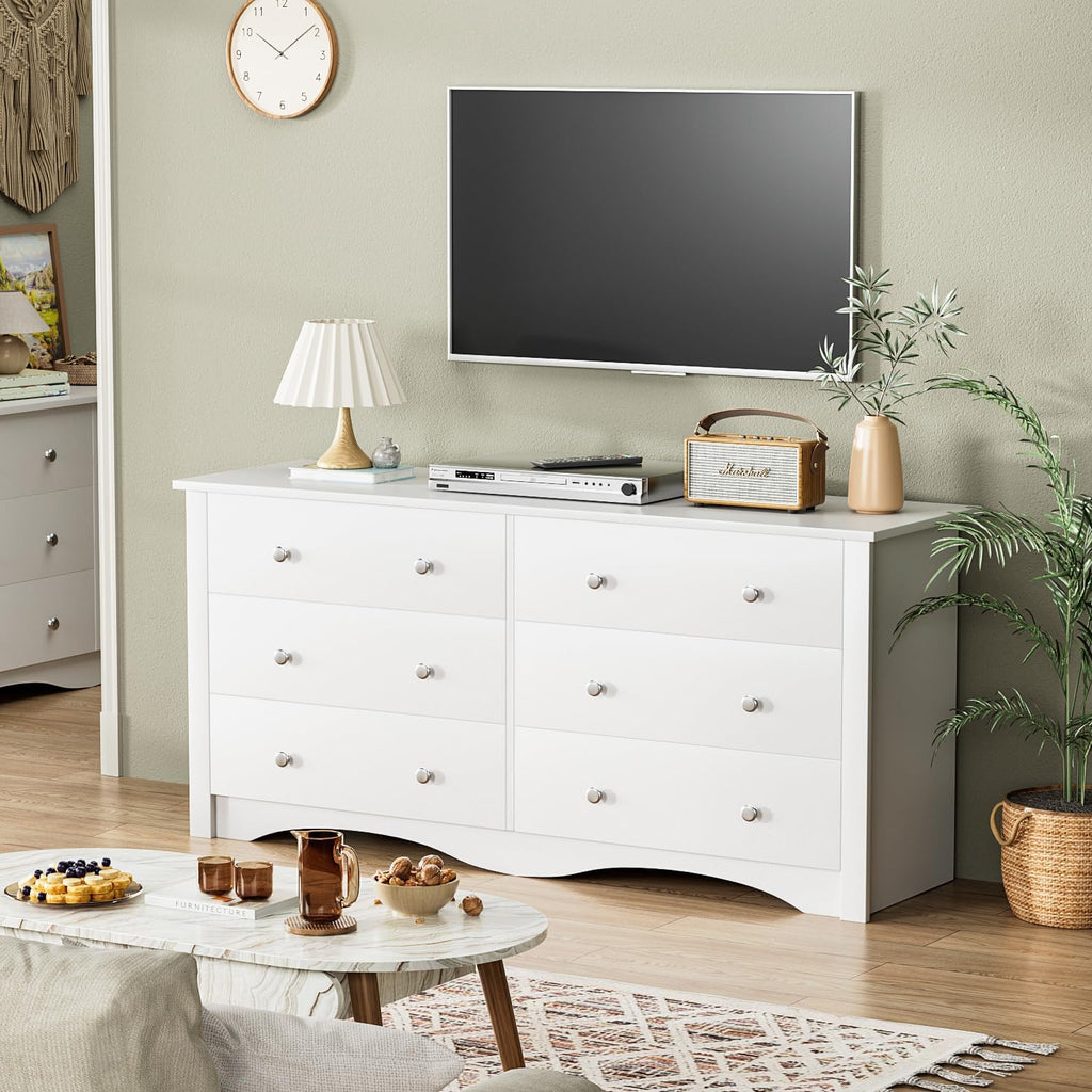YESHOMY White Wood Dresser with 6 Drawer, 47.2'' Cabinets Dressers Wood Dresser Cabinet, Organizer Drawers for Bedroom, Living, Hallway