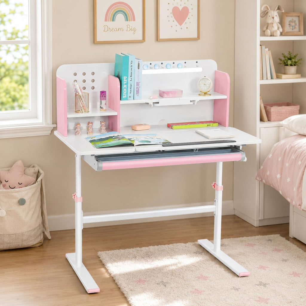 COSVALVE 39in Wide Adjustable Height Kids Desk with Tilting Desktop, Steel Frame, Drawer, and Bookshelf Hutch, Study Child Table for Ages 3-12, Pink
