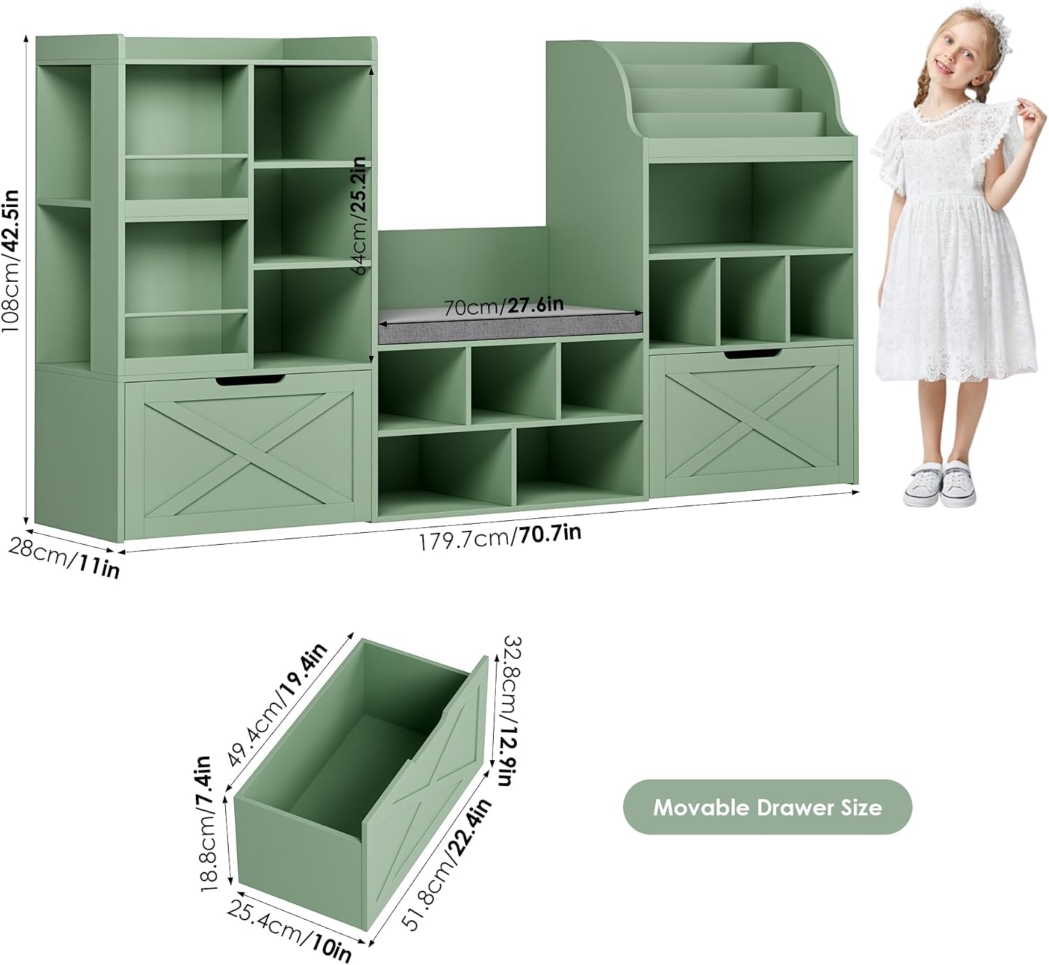 FINETONES 75' W Kids Bookshelf with Reading Nook, Large Toy Storage Toy Organizer with Seat Cushion and 2 Movable Drawers, Kids Reading Nook Kid Bench for Playroom Living Room, Green