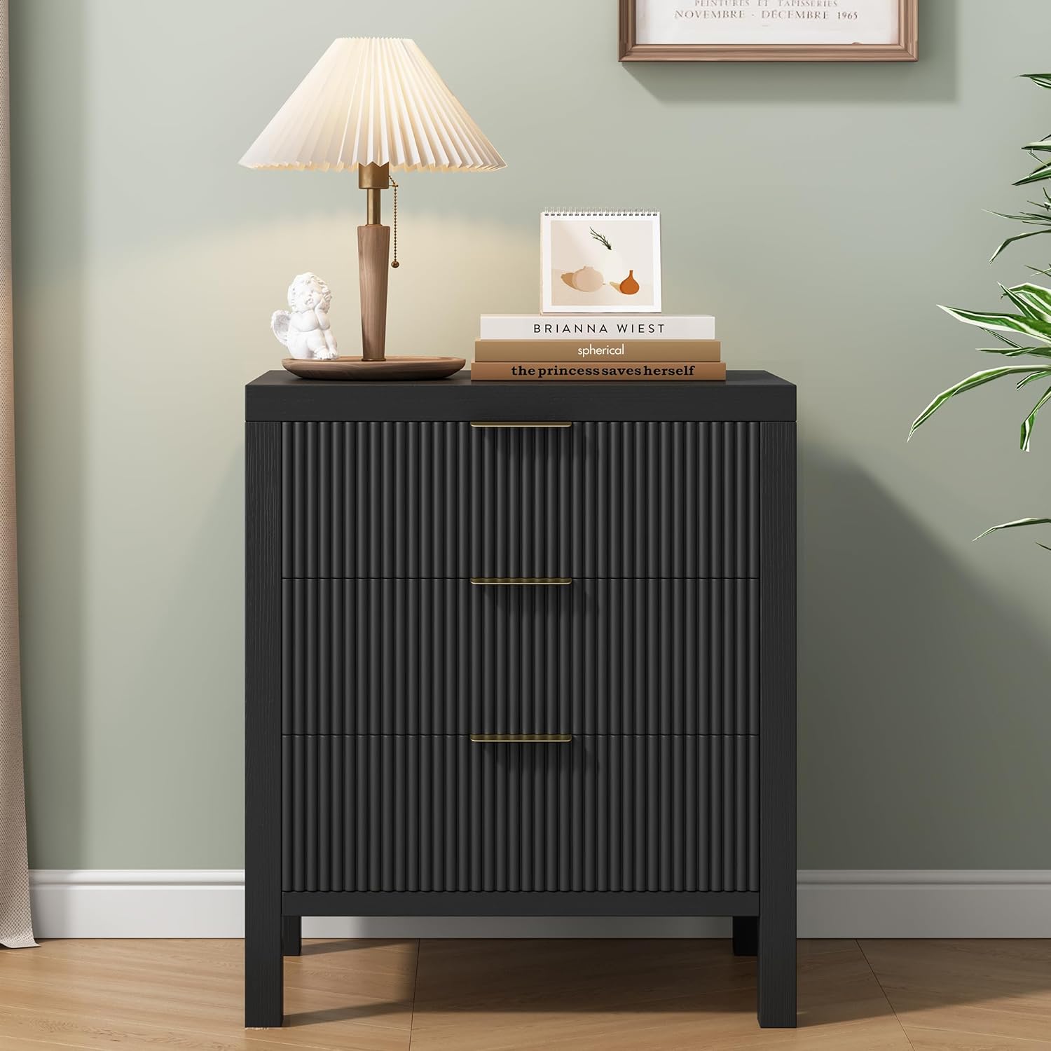 Nightstand with 3 Drawers, Dresser and Nightstand Sets, Bedside Tables, Mid Century Nightstands with 3 Wide Drawers for Bedroom, Kids' Room, Hallway - Black