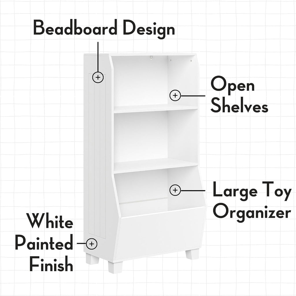 RiverRidge Kids Bookshelf with Veggie Storage Bin and 2 Open Shelves and 2 Aqua Fabric Bins - Kids Storage Organizer, Toy Shelf & Book Shelf