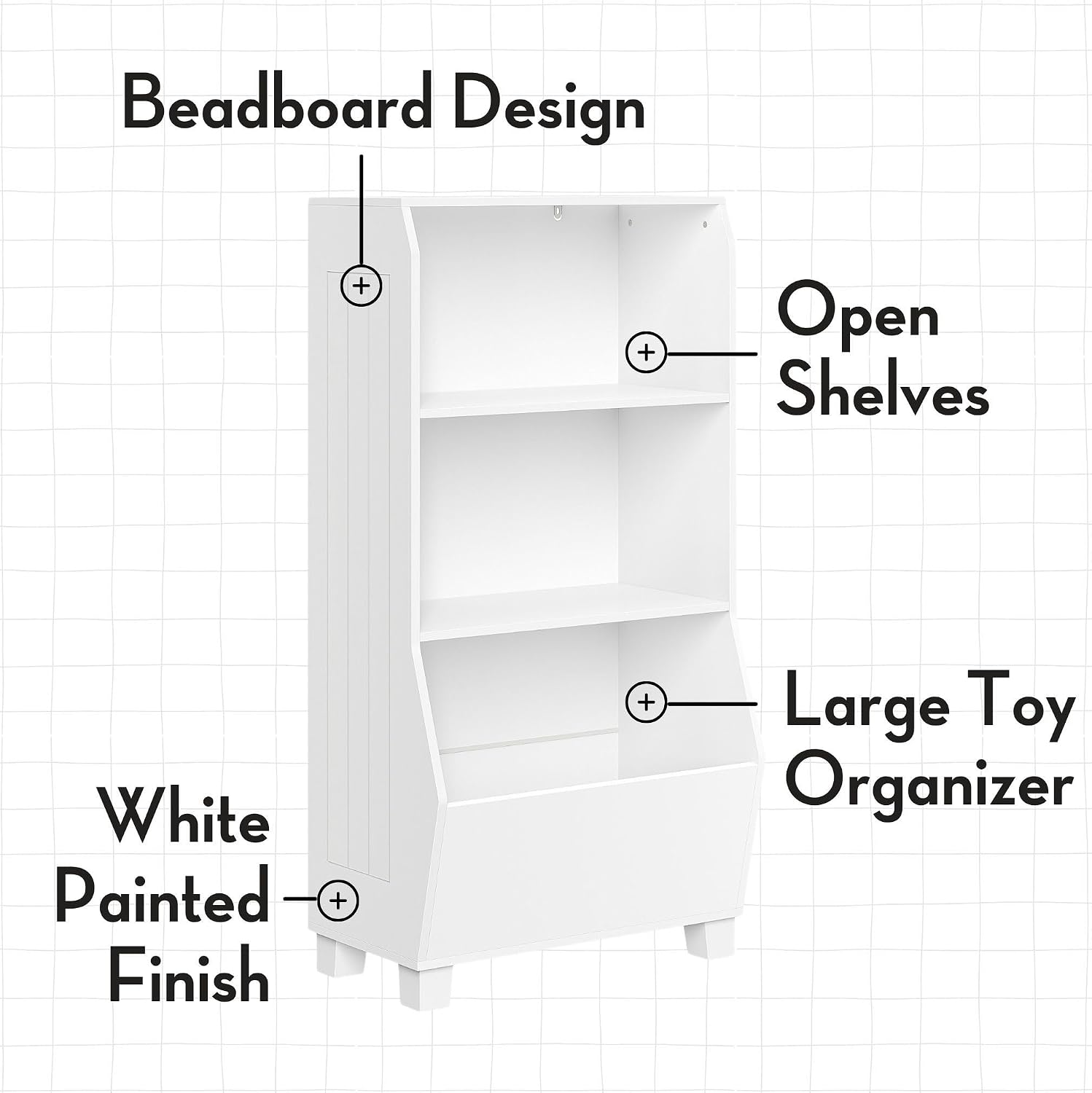RiverRidge Kids Bookshelf with Veggie Storage Bin and 2 Open Shelves and 2 Aqua Fabric Bins - Kids Storage Organizer, Toy Shelf & Book Shelf