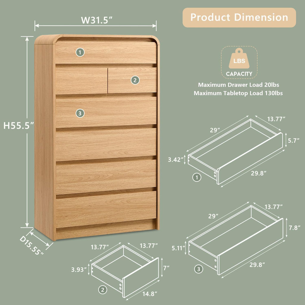 Aitjunz Modern 7 Drawers Dresser for Bedroom, 55' Tall Dressers & Chest of Drawers w/Curved Profile Design, Wood Mid Century Vertical Storage Dressers Organizer for Bedroom, Living Room, Natural Oak