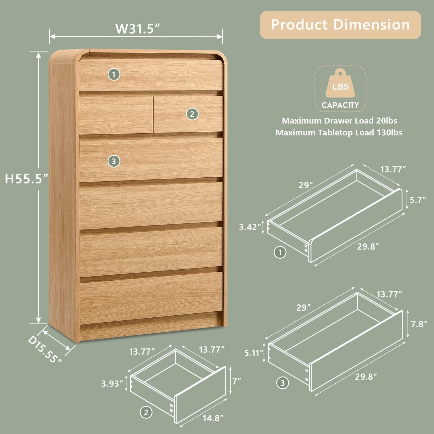 Aitjunz Modern 7 Drawers Dresser for Bedroom, 55' Tall Dressers & Chest of Drawers w/Curved Profile Design, Wood Mid Century Vertical Storage Dressers Organizer for Bedroom, Living Room, Natural Oak