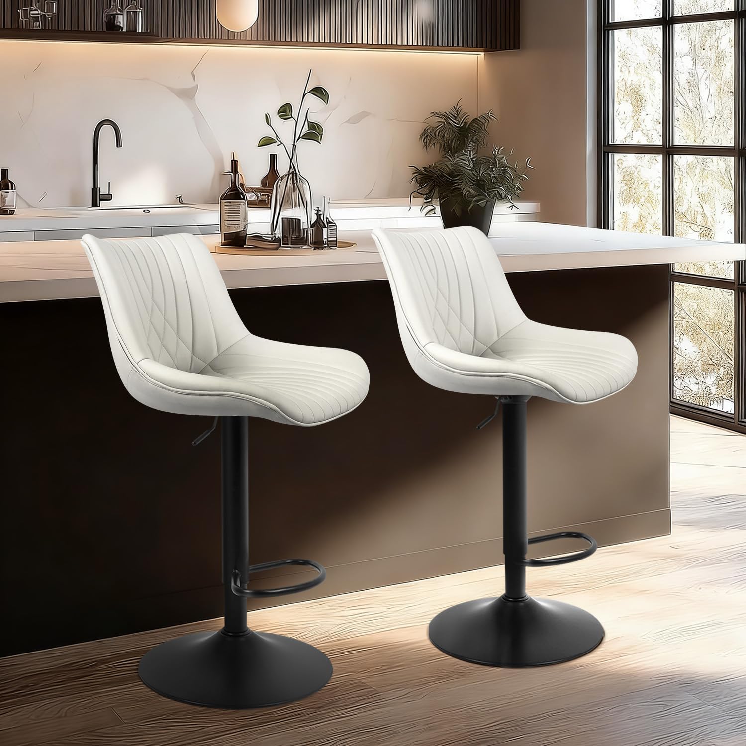 Swivel Bar Stools Set of 4, Height Adjustable Counter Height Bar Stools with Open Back and Footrest, Premium Faux PU Leather, Modern Upholstered Bar Chairs for Kitchen Island/Bar/Counter, White