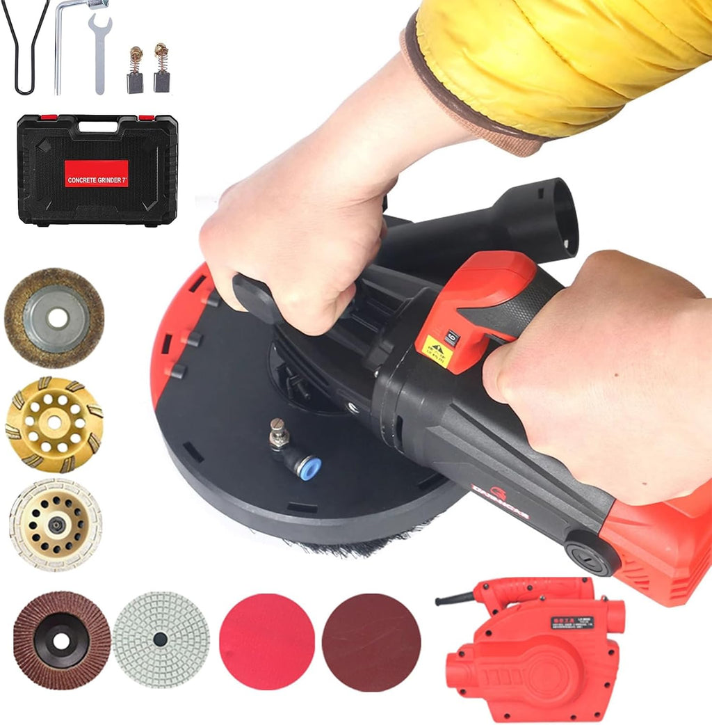 7 Inch Concrete Grinder Set, with Dust Extraction Shroud and Diamond Grinding Wheel, Tile Adhesive Removal Machine, 90° Seamless sanding for Floor, Wall, for Floor, Wall, Adhesive and Ceiling
