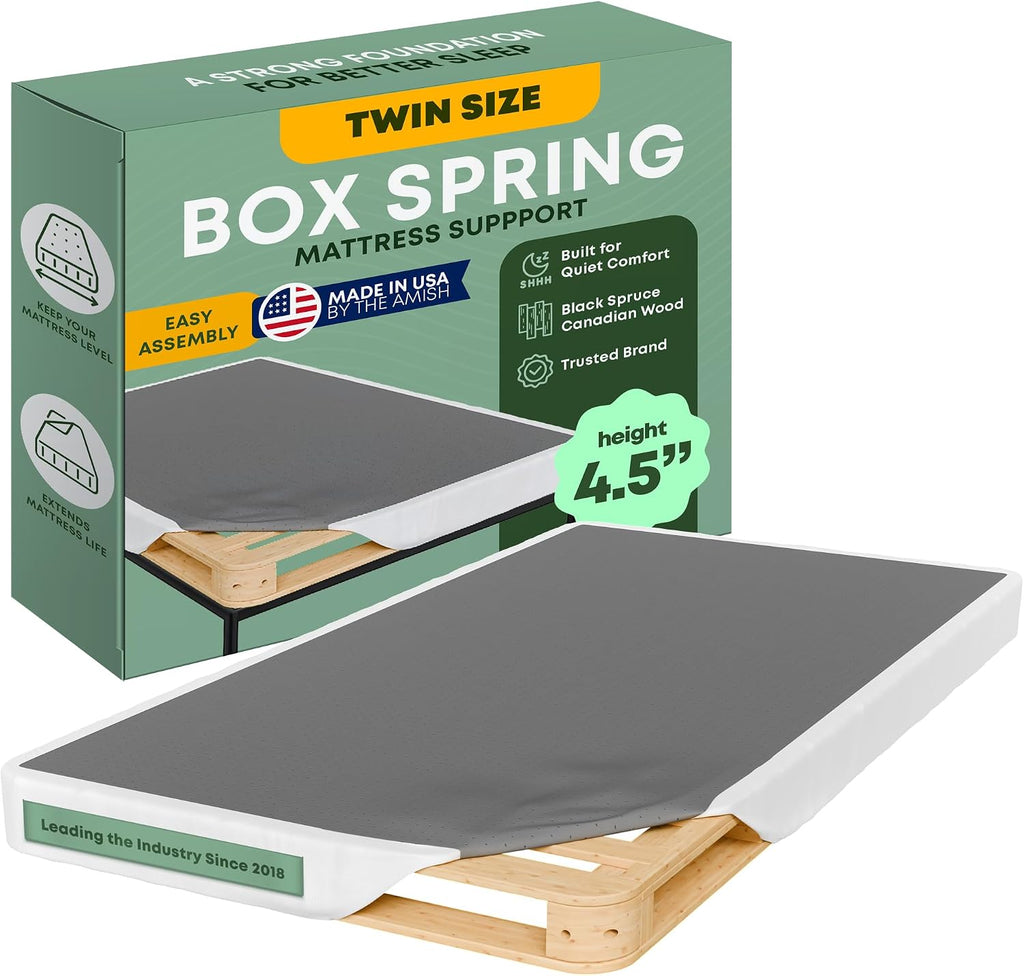 Greaton, 4.5' Twin Box Spring Only for Twin Size Bed – Amish-Made in the USA – Solid Wood Mattress Foundation with Stable & Quiet Support – Flat-Packed & Easy Assembly – White