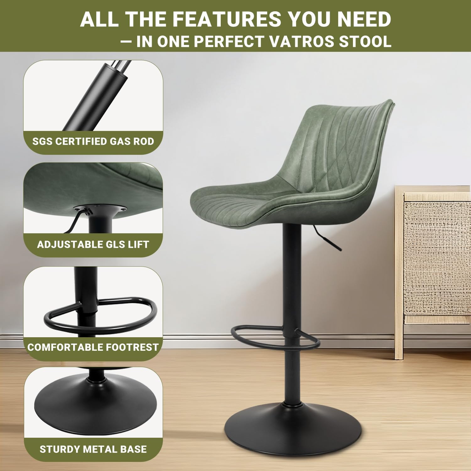 Swivel Bar Stools Set of 4, Height Adjustable Counter Height Bar Stools with Open Back and Footrest, Premium Faux PU Leather, Modern Upholstered Bar Chairs for Kitchen Island/Bar/Counter, Green
