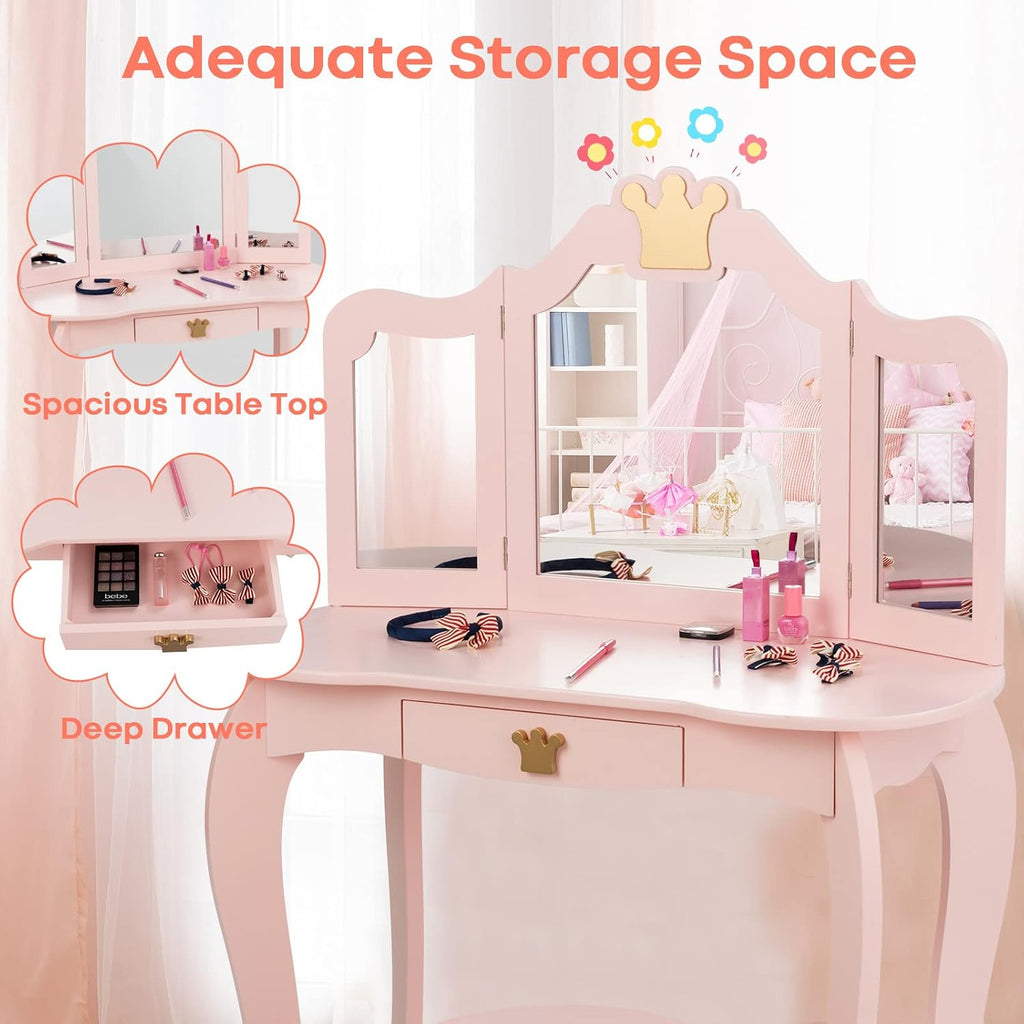 HONEY JOY 2 Piece Kids Vanity Set & Jewelry Armoire Cabinet, Crown Wooden Makeup Table & Chair Set, Dress Up Jewelry Organizer w/Full-Length Mirror, Kids Bedroom Furniture for Girls Playroom (Pink)