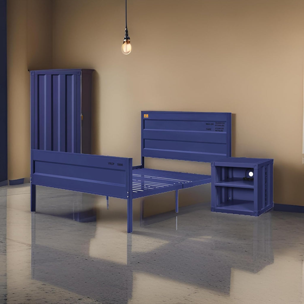 Benjara Dua Recessed Panel Pattern 3 PC Full Bedroom Set - Blue Metal