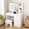 Vanity Desk Set with Lighted Mirror, Makeup Vanity with Drawer & Shelf, Dressing Table with Cushion Stool, Vanity Set for Bedroom, White