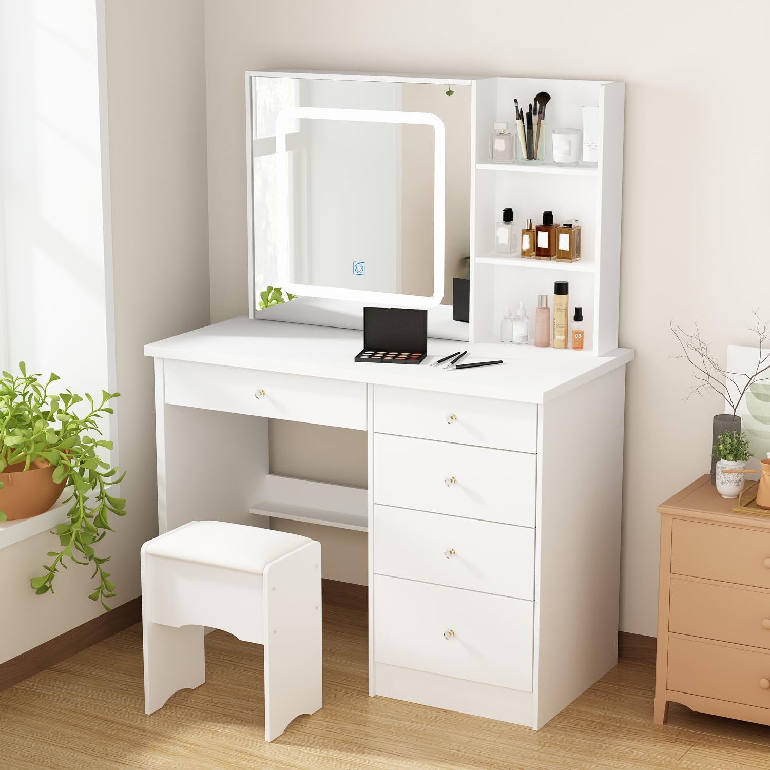 Vanity Desk Set with Lighted Mirror, Makeup Vanity with Drawer & Shelf, Dressing Table with Cushion Stool, Vanity Set for Bedroom, White