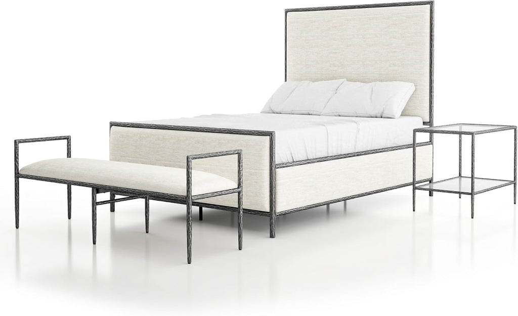 24/7 Shop at Home Lalia Hammered Metal 3-Piece Bedroom Collection, Upholstered Bed Frame with Beige Fabric Headboard, Forged Steel, Bench and 1-Shelf Nightstand, Foundation Required, Full, Matte Grey