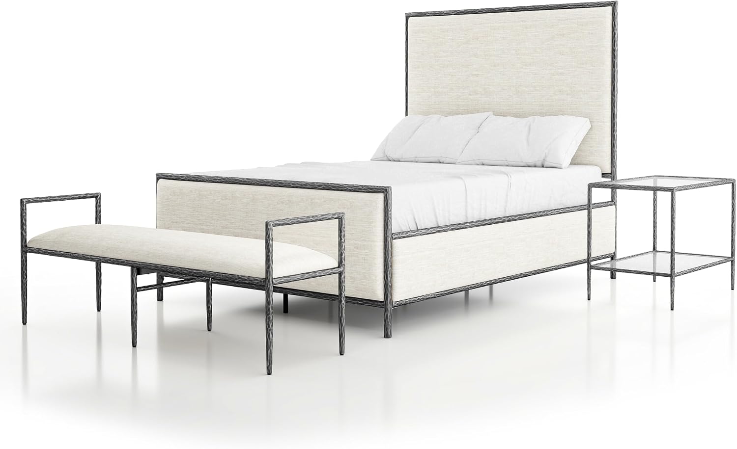 24/7 Shop at Home Lalia Hammered Metal 3-Piece Bedroom Collection, Upholstered Bed Frame with Beige Fabric Headboard, Forged Steel, Bench and 1-Shelf Nightstand, Foundation Required, Full, Matte Grey