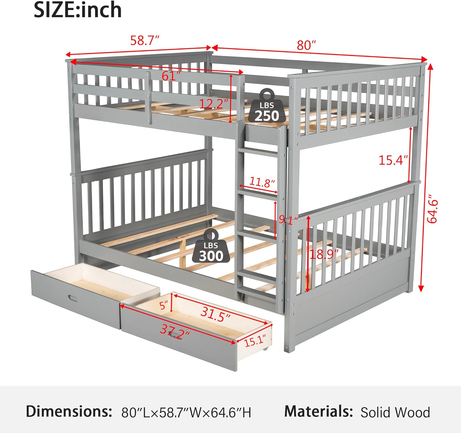Merax Wood Bunk Bed with Drawers,Convertible Wood Bunk Bed with Ladders and Two Storage Drawers,Solid Wood Detachable Bed Frame with Ladders,Full Over Full,Grey