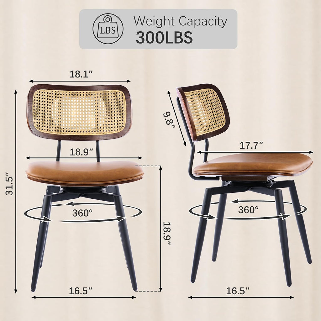 Dining Chairs, Swivel Dining Chairs Set of 4, Faux Leather & Rattan Walnut Dining Room Chairs, Bentwood & Metal Frame Upholstered Chairs with 360°Rotation, Modern Kitchen/Living Room Chair (Brown)