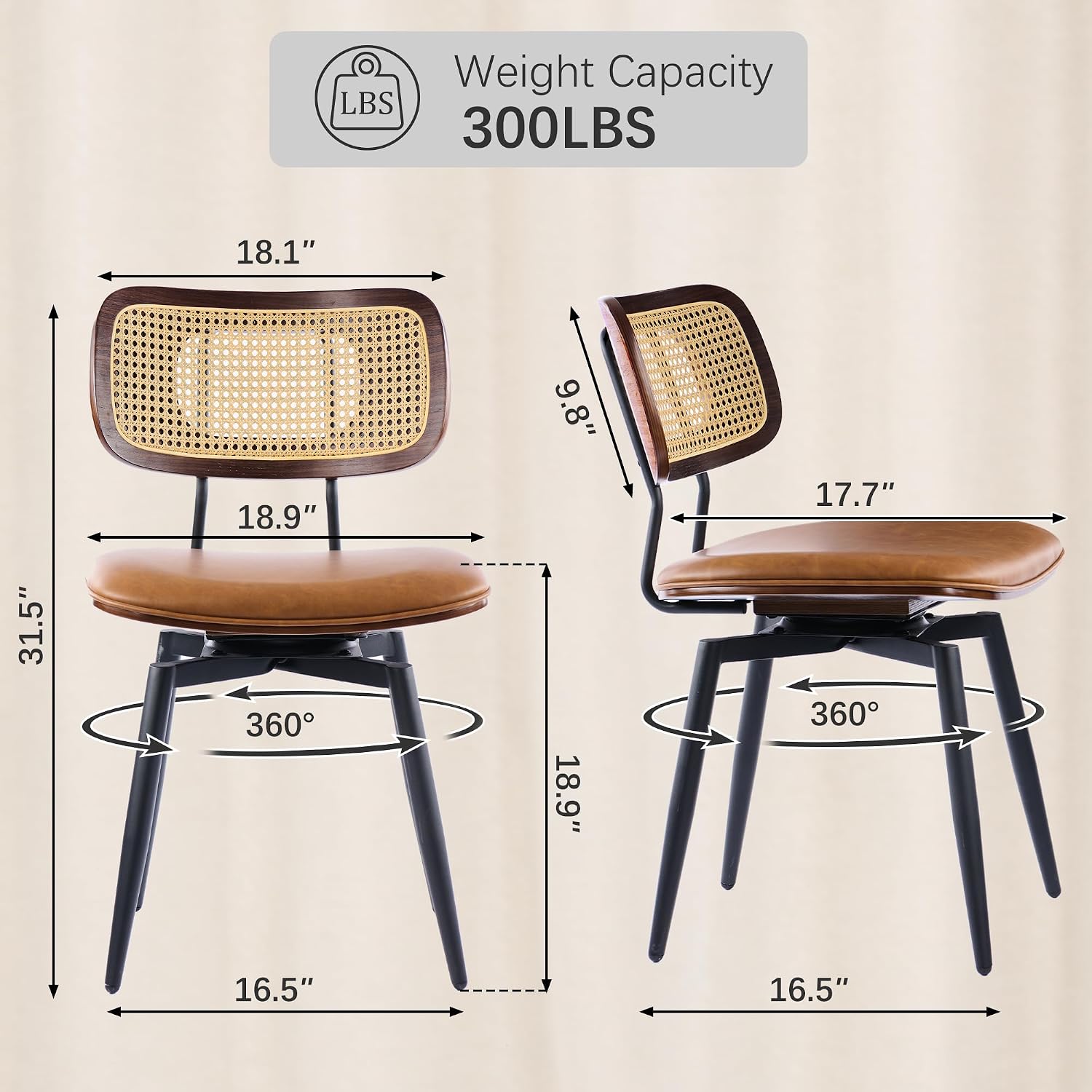 Dining Chairs, Swivel Dining Chairs Set of 4, Faux Leather & Rattan Walnut Dining Room Chairs, Bentwood & Metal Frame Upholstered Chairs with 360°Rotation, Modern Kitchen/Living Room Chair (Brown)