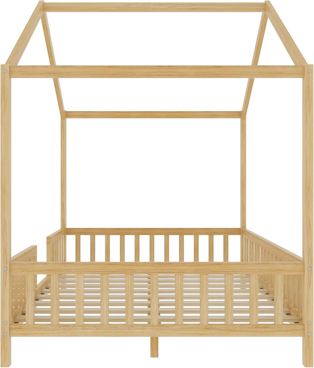 Full Size House-Shape Bed with Canopy and High Railings, Wood Kids Bed Frame with Roof (Natural, Full)