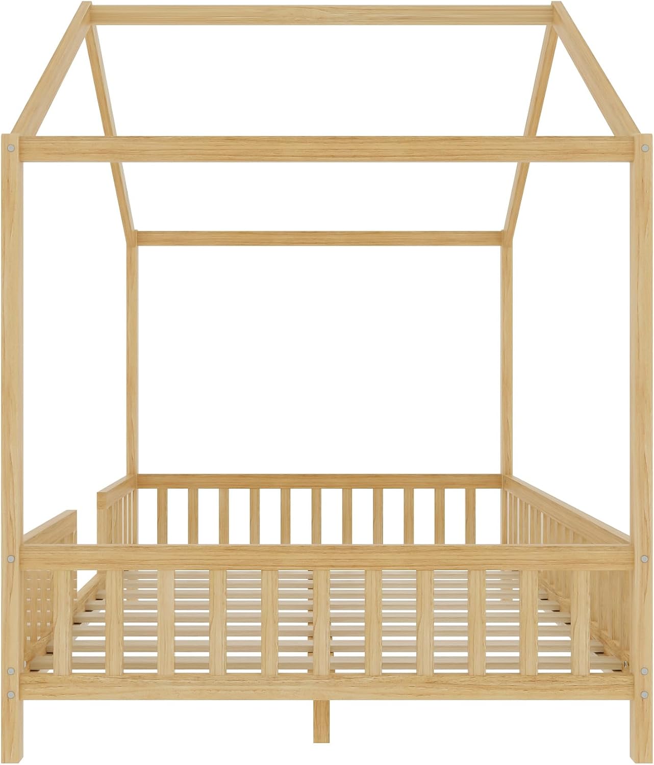Full Size House-Shape Bed with Canopy and High Railings, Wood Kids Bed Frame with Roof (Natural, Full)