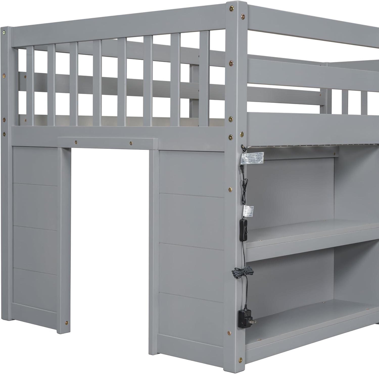 Twin Size Low Loft Bed with Two-Tier Shelves, Multifunction Wood Loft Bed Frame with Built-in Stairs, Storage Underneath, Sturdy Slats Support, Space Saving Loft Bed for Kids Boys Girls (Gray * 01)
