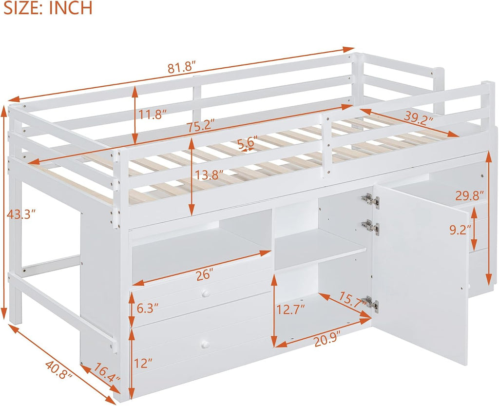 JIVOIT Twin Size Loft Bed with 4 Drawers, Underneath Cabinet and Shelves, Muti-Functional Loft Bed with Full-Length Guardrails and Ladder, Space-Saving Low Loft Bed for Kids Teens (White & 4 Drawers)