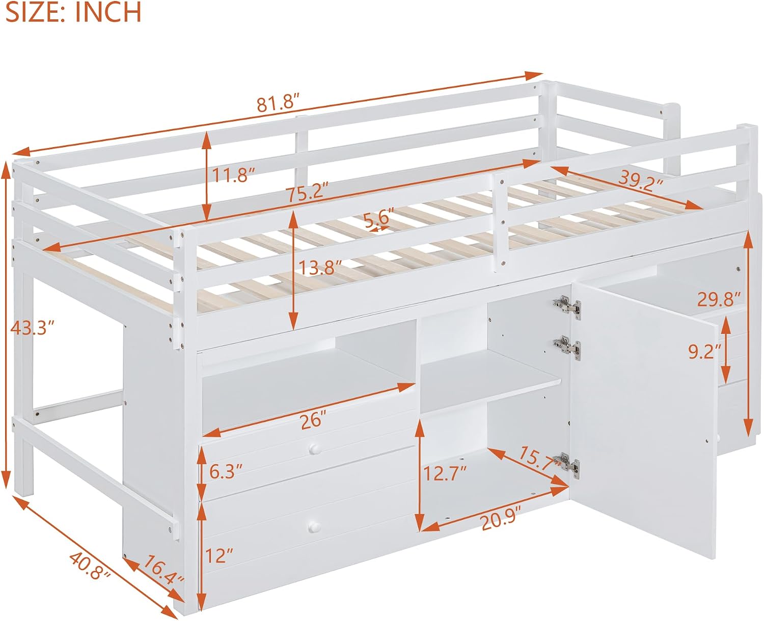 JIVOIT Twin Size Loft Bed with 4 Drawers, Underneath Cabinet and Shelves, Muti-Functional Loft Bed with Full-Length Guardrails and Ladder, Space-Saving Low Loft Bed for Kids Teens (White & 4 Drawers)