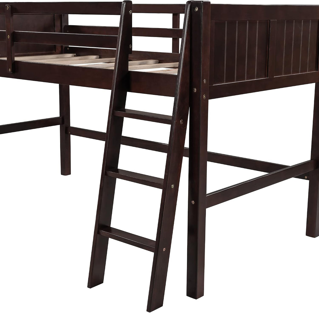 Twin Low Loft Bed with Inclined Ladder for Kids/Boys/Girls, Solid Wood, Full-Length Guardrail, No Box Spring Needed/Strong Slat Support (Espresso+Inclined Ladder)