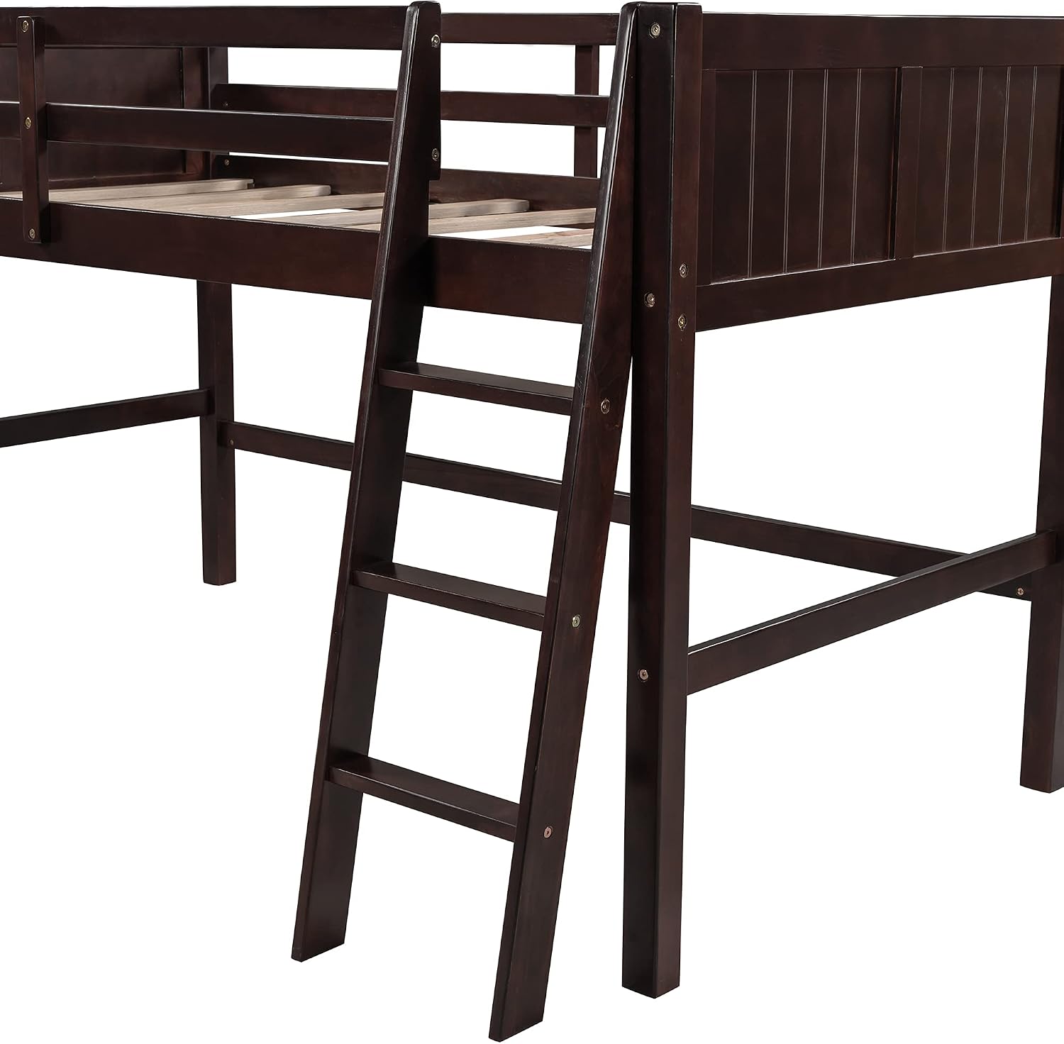 Twin Low Loft Bed with Inclined Ladder for Kids/Boys/Girls, Solid Wood, Full-Length Guardrail, No Box Spring Needed/Strong Slat Support (Espresso+Inclined Ladder)