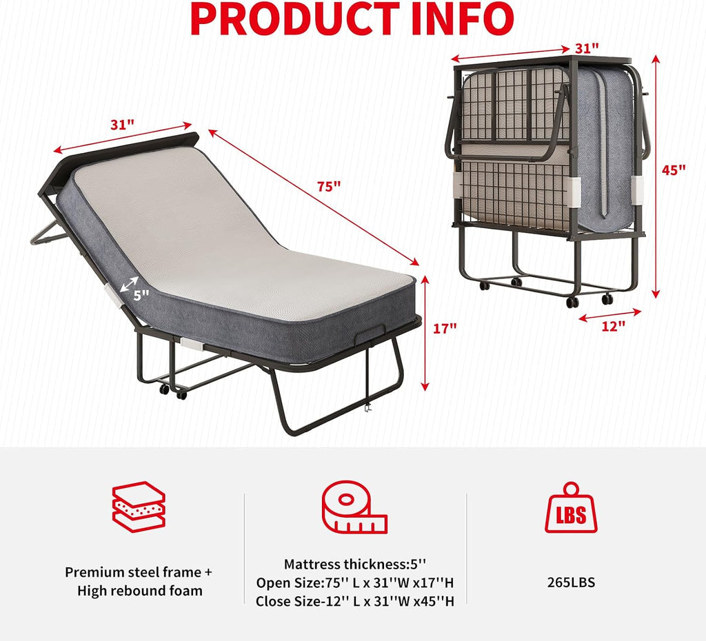 PUREMIND Rollaway Bed with Mattress for Adults, Twin Size Folding Bed with 5' Foam Mattress, Portable Foldable Guest Beds - Sturdy Metal Frame & Dustproof Bag, Hideaway, (75' x 31')