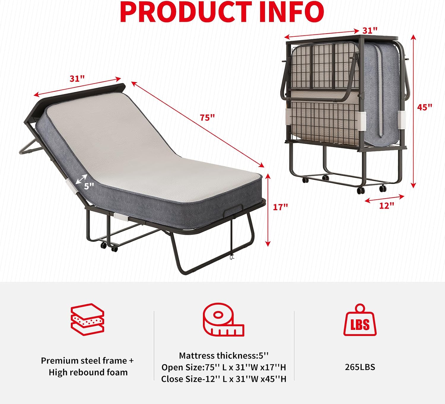 PUREMIND Rollaway Bed with Mattress for Adults, Twin Size Folding Bed with 5' Foam Mattress, Portable Foldable Guest Beds - Sturdy Metal Frame & Dustproof Bag, Hideaway, (75' x 31')