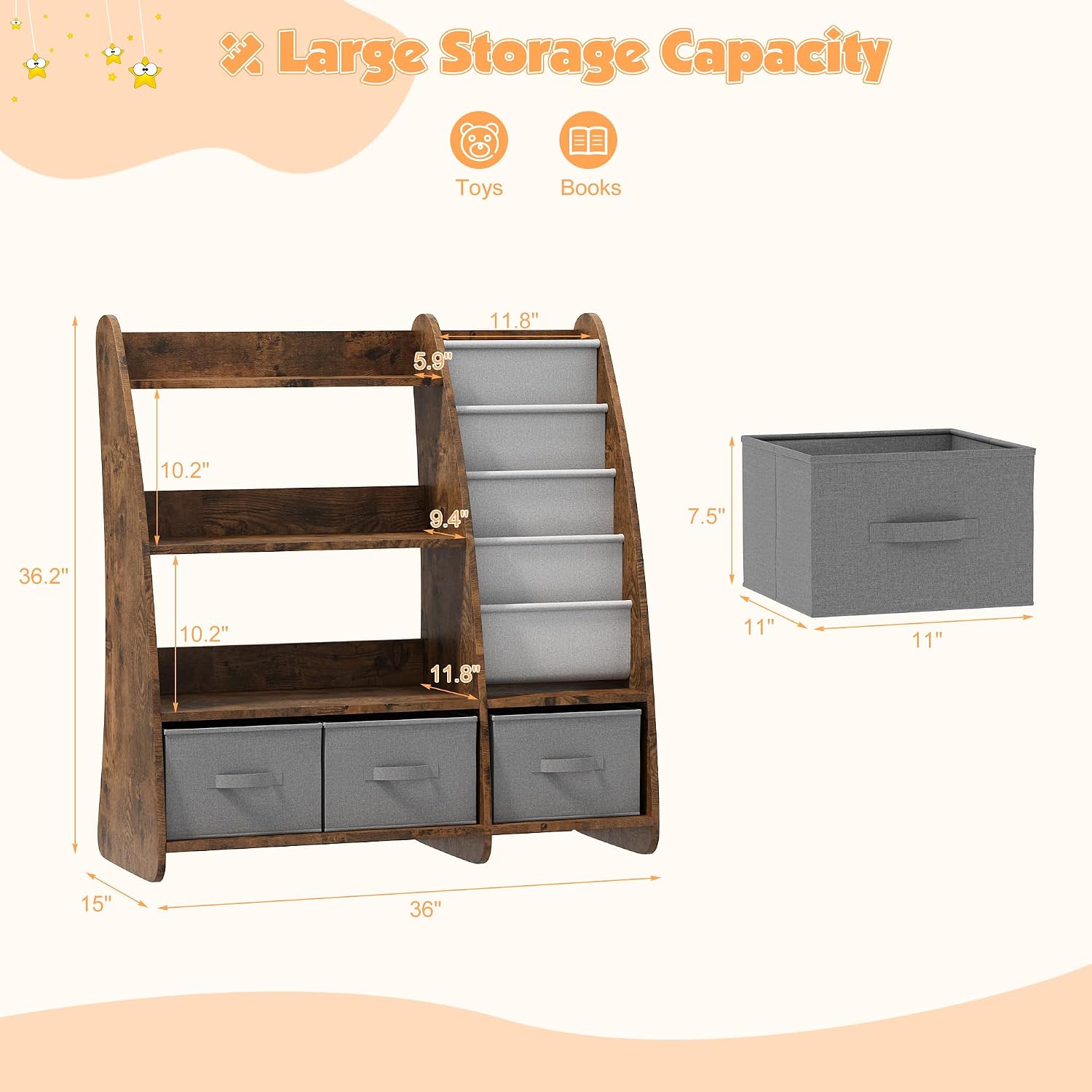 NACHES Kids Bookshelf and Toy Storage Organizer, Montessori Nursery Book Shelves with Sling Rack & Fabric Toy Bins, Toddler Baby Bookcase, Wooden Toy Shelf for Kids Room, Playroom, Sail-Rustic Brown