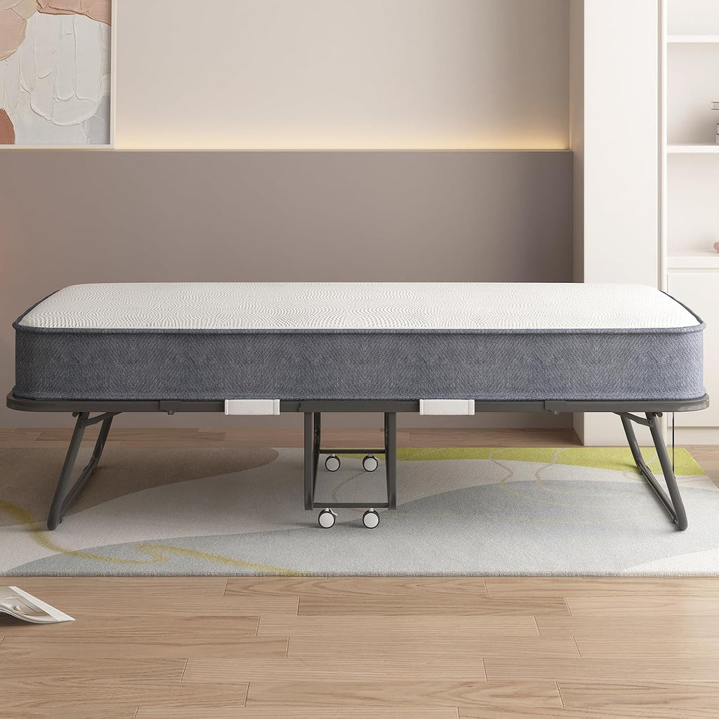 PUREMIND Folding Bed with Mattress for Adults, Portable Rollaway Guest Beds with 5' Memory Foam Mattress & Metal Frame, Twin Size Foldable Beds Fold Away Bed Space Saving