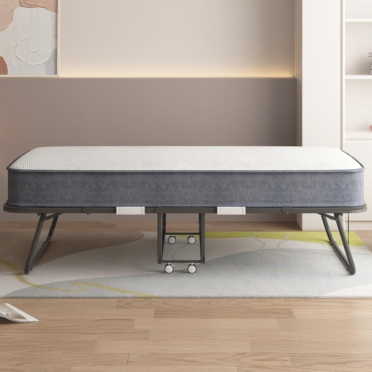 PUREMIND Folding Bed with Mattress for Adults, Portable Rollaway Guest Beds with 5' Memory Foam Mattress & Metal Frame, Twin Size Foldable Beds Fold Away Bed Space Saving